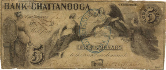Bk Chattanooga $5 stamped Redeemable at Bank of Memphis - repaired